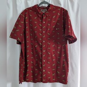 Duluth Trading Co Shirt Mens 2XL Red Dinosaur Print Short Sleeve Button Cotton